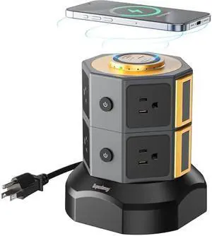 SUPERDANNY Power Strip Tower with 15W Wireless Charger, 6.5Ft Retractable Extension Cord, 1050J Surge Protector, Desktop Charging Station with 8 Outlets 4 USB Ports(2 USB C) for Home, Office, Garage