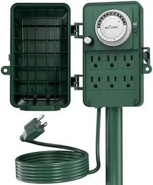 BN-LINK Outdoor Power Stake Timer Waterproof, 24-Hour Mechanical Timer with 6 Grounded Outlets, 6FT Extension Cord for Halloween/Christmas Decor Lights, ETL Listed