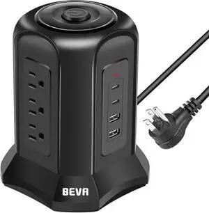 BEVA Tower Surge Protector Power Strip, Desk Charging Station with 9 AC Outlet and 4 USB Ports, 18AWG 6.5 FT Extension Cord, 3-Prong Flat Plug, Multiple Outlets for Office Dorm Apartment Essentials