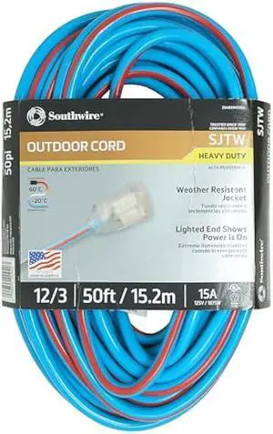 Southwire Outdoor Extension Cord - Reliable High-Visibility Power Solution - Waterproof Vinyl Jacket - Reinforced Plug - Made in the USA - 12/3 SJTW - Blue & Red - 100 Feet
