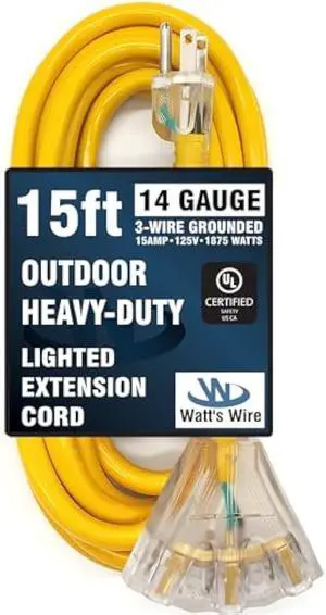15 ft Outdoor Extension Cord Waterproof - 14 Gauge Heavy Duty Extension Cord Splitter - Lighted Outdoor Extension Cords with Multiple Outlets - Watts Wire - 15' Grounded - extensiones electricas