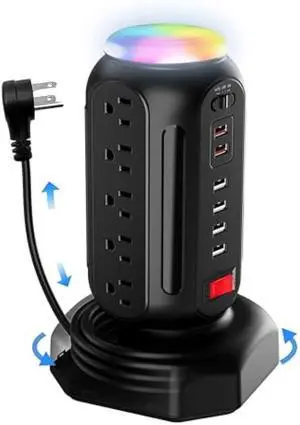 Power Strip Tower with Colorful Nightlight, 15 AC Outlets and 6 Fasting USB Ports, Retractable Extension Cord with Multiple Outlets, 900 J Surge Protector with Right Flat Plug (Black)