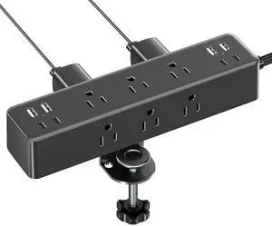 Flat Plug Desk Clamp Power Strip 5FT, 24W Total Charging Station, Desk Edge Mount Power Strip 9 AC Outlets 8 USB Ports Surge Protector, Fit 1.7 Tabletop Edge, Home Office Accessories