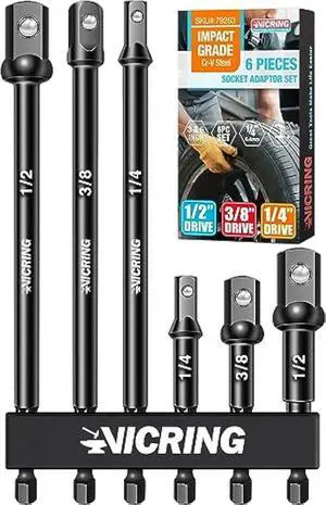 Impact Socket Adapter Set - 1/4, 3/8, 1/2 Drive Socket Adapter for Drill & Impact Wrench (6 Pcs, 3 & 6)