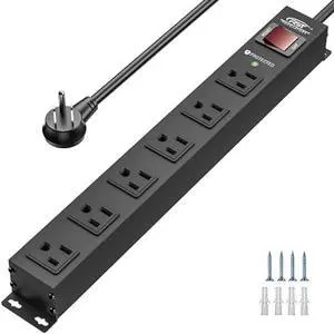 CRST 6 Outlet Heavy Duty Power Strip with Switch, 15A/1875W Metal Mountable Power Strip Surge Protector 2100Joules, Wide Spaced Power Bar for Garage Worshop Home School, 6 FT Cord CRST 6 Outlet Heavy Duty Power Strip with Switch, 15A/1875W Metal Mountable Power Strip Surge Protector 2100Joules, Wide Spaced Power Bar for Garage Worshop Home School, 6 FT Cord