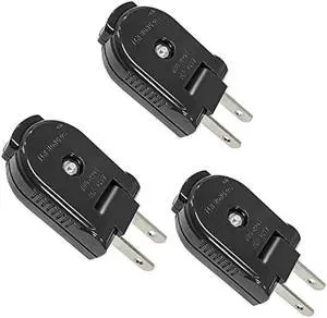 Extension Cord Replacement Male Power Plug, 2 Prong, 125V/10A, Non-Grounding, Ideal for Small Appliances Such as Power Strips & Lamps & DIY Projects, 3-Pack, Black