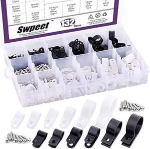 Swpeet 135 Pack 6 Sizes White+Black Nylon Plastic R-Type Cable Clips Clamp Assortment Kit, 3/16 1/4 3/8 1/2 3/4 1 Nylon Screw Mounting Cord Fastener Clips with 135Pcs Screws for Wire Management