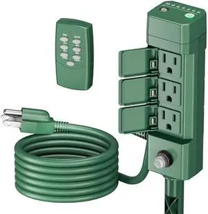 BN-LINK Outdoor Power Stake Timer, 100FT Wireless Remote Control, Dusk to Dawn Sensor for Outdoor Lights, 6 Grounded Outlets, 6ft Extension Cord, 1875W/15A,Christmas Decorations, ETL Listed