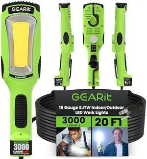GEARit LED Work Light (20 feet) 3000 Lumen COB LED - 16 Gauge SJTW Indoor/Outdoor NEMA 5-15R Extension Cord - Handheld, Rotating Hanger, Magnetic Base for Auto Mechanic and Construction - 20ft