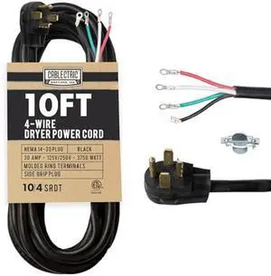 10 Foot Dryer Cord - Black 4 Prong Extension Cord, 10/4 SRDT, 30 Amp Dryer Power Cable 4 Prong 10 Ft, NEMA 14-30 Plug, 30 Amp