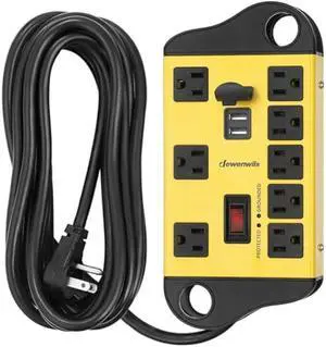 DEWENWILS 8-Outlet Metal Power Strip Surge Protector with 2 USB Ports, UL Listed, 15 Ft Flat Plug Extension Cord, Heavy Duty Industrial Power Strip,15A Circuit Breaker, 1440Joules, Wall Mount