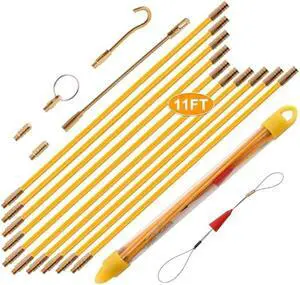 KOOTANS 11FT Fiberglass Running Electrical Wire Cable Glow Rods Wire Pulling Tools Fish Tape Cable Puller Through Wall Snake Fish Rods Kit with Different Attachments
