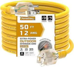 Outdoor 12/3 Extension Cord 12AWG 50FT 15Amp 1875Watts, TPE Rubber SJEOW (-58°F to +221°F) Lighted Power Cord, Yellow, UL Certified (50ft/15.24m)
