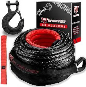 TYT Synthetic Winch Rope Kit - 1/2 x 92' with 32000 lbs Strength, Protective Sleeve, Heavy Duty Hook and Safety Pull Strap for Off-Road 4x4 Vehicles, Trucks (Black)