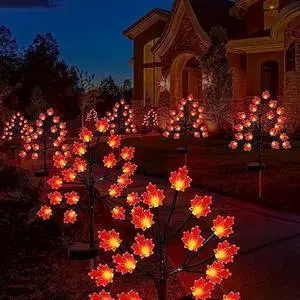 Fall Décor Solar Garden Lights Outdoor for Thanksgiving Decorations,40LED 2PACK RED Maple Leaves Tree Lights with -Outdoor Autumn Harvest Decor,Solar Fall Lights for Thanksgiving Christmas Party Decor