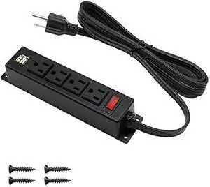 Mountable Power Strip with USB Ports,Wall Mount Power Outlets Screw Down Power Socket in Desk Under Cabinet Power Station 4AC Outlet 2 USB 6.56 Feet Extension Cord, On&Off Switch Black