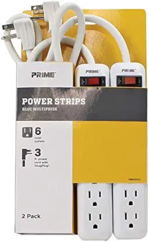 Prime Wire & Cable PB8100X2 6-Outlet Power Strip with Right Angle Plug and 14-3 SJT 3-Feet Cord, 2-Pack,White