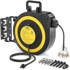 CRST 50 FT Retractable Extension Cord Reel with Handle,14AWG/3C SJTOW Power Cord with 3 Grounded Outlets Lighted Triple Tap Limited of 1625W, 13Amp Circuit Breaker, 180° Swivel Bracket