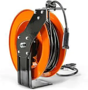 SuperHandy Extension Cord Reel Retractable 12AWG x 80' Foot 3C SJTOW Cable Triple Tap Connector Power Rating 125 Volt AC 15 Amp 1875 Watt Industrial Steel Single Arm