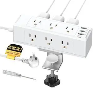 Desk Clamp Power Strip with 9 Outlets and 4 USB Ports, 1700 Joules Surge Protector, Removable Clamp, 6 FT Flat Plug
