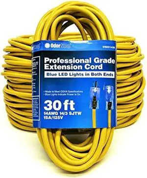 OdorStop OSEC1430 Extension Cords with Blue LED Lights on Both Ends, 14/3 SJTW, 30-ft
