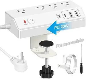 Desk Clamp Power Strip with USB C (20W PD) - Removable Surge Protector with 4 Outlet 4 USB Ports - Multi Outlet Plug Edge Mount Desktop Power Station Charging Hub - Home Office Desk Accessories