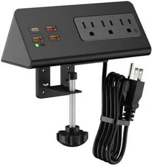 Desk Edge Clamp Mount Power Strips with 4 USB Ports(1xPD 20W USB-C Port)& 3 AC Outlets,1875 Joules Tabletop Surge Protector, Power Sockets for Office Table/Hotel Nightstands,ETL Listed (1-Pack, Black)