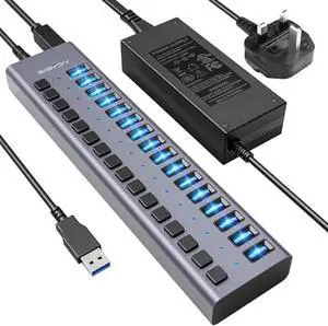 90W Powered USB Hub - ACASIS 16 Ports USB 3.0 Data Port, Aluminum Housing, Individual On/Off Switches, 12V/7.5A Power Adapter, USB Splitter for Laptop, PC, Computer, Printer