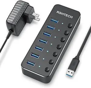 USB 3.0 Hub, RSHTECH 7 Port Powered USB Hub Expander Aluminum USB 3.0 Data Port hub with Universal 5V AC Adapter and Individual On/Off Switches USB Splitter for Laptop and PC(Black)