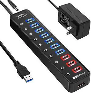 Powered USB 3.0 hub, 11-Port USB Hub Splitter Extension 7 USB 3.0 Data Ports + 4 Smart Charging Ports with Individual LED On/Off Switches and 12V/3A Power Adapter for USB Devices.