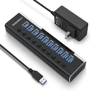 Powered USB Hub, Rosonway Aluminum 10 Port USB 3.0 Data Hub with 36W (12V/3A) Power Adapter and Individual On/Off Switches USB Splitter(RSH-A10)