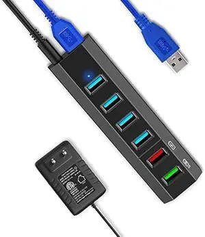 USB Hub, Aiibe 6 Ports Super High Speed USB 3.0 Hub Splitter + 24W Power Adapter + USB 3.0 Cable, Black Smart Fast Charger Powered USB Hub for Laptop, Mac, PC, Mobile HDD, Mulitple Devices