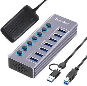 Powered 7-Port USB 3.0 Hub, USB C to 7 Ports USB Data Hub Splitter with Individual LED On/Off Switche, 3.3FT Cable, 12V/3A Power Adapter, for Laptop MacBook Pro/Air PC (Aluminum Gary)