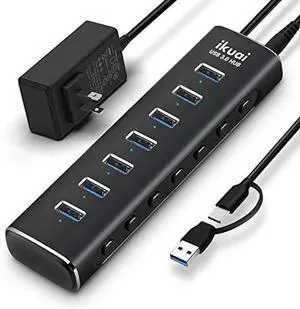 Powered USB 3.0 /USB C Hub, ikuai Aluminium 7-Port USB Hub Splitter with AC Adapter LED Individual On/Off Switches and 3.3ft Extended Long Cable for Laptop, Mac, PC, Flash Drive, Mobile HDD