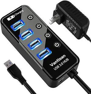 Powered USB 3.0 Hub, USB Extension 4-Port USB Hub Splitter (4 USB 3.0 Data Ports+1 Smart Charging Port) with 5V/3A Powered Adapter and Individual ON/Off Switches