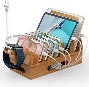 Pezin & Hulin Bamboo Charging Station Holder with 5 Port USB Charger, 5 x Charge Cables, Watch Stand, Wood Docking Stand Electronic Organizer for Multiple Devices, Phones, Tablets and More