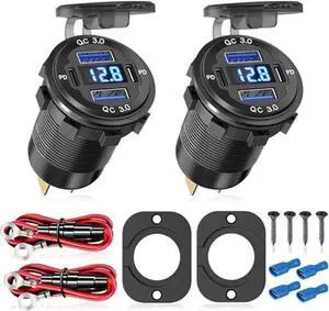 2Pcs 12V/24V Outlet with Voltmeter& ON/Off Switch, Quick Charge 3.0 Dual USB Power Outlet, Waterproof Fast Charge USB Charger Socket DIY Kit for Car Boat Marine (2 Pack)