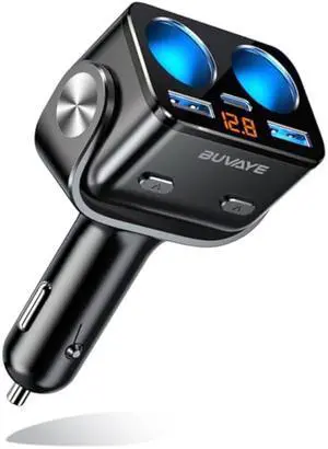 5 in 1 Car Cigarette Lighter Splitter, BUVAYE 180W Dual QC3.0 and 30W PD USB C Cigarette Lighter Adapters for Cars 12V/24V 180-degree Adjustable Car Charger Adapter for iPhone/iPad/GPS/Dash Cam/Laptop