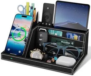 TopMade Wireless Charger Desk Nightstand Organizer, Leather Pen Holder Office Supplies Desk Accessories Fast Charging Station, Remote Control Holder, for iPhone Charger Stand Gifts for Men (Black)