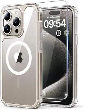 TAURI for iPhone 15 Pro Max Case, Compatible with MagSafe, [3 in 1] 1X Clear Case [Not-Yellowing] with 2X Screen Protectors, Military-Grade Protection, Magnetic Case for iPhone 15 Pro Max, Clear