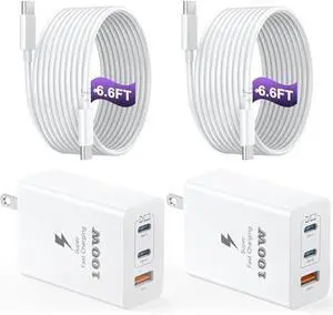USB C Charger Block 100W, 3-Port GaN Super Fast Charger, Type C Wall Charger Adapter with 6.6ft USB C Charging Cable for MacBook Pro/Air,iPad Pro, i-Phone 16/15Pro, Galaxy S24/S23 and More[2 Pack]