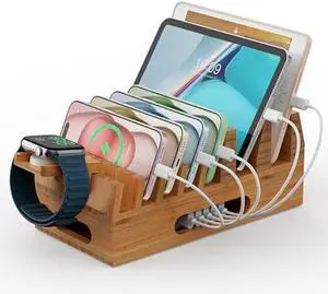 Pezin & Hulin Bamboo Charging Station Organizer for Multiple Devices & Wood Desktop Docking Charging Stand Such As Cell Phone, Tablets, Phone Case and Watch Stand(No USB Charger)