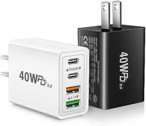 USB C Charger Block, 40W 4-Port USB C Wall Charger, 2 Pack Fast Charging Block Dual Port PD Power Adapter + QC Wall Plug Multiport Type C for iPhone 16 15 Plus 14 13 12 11 Pro Max XS XR, Samsung