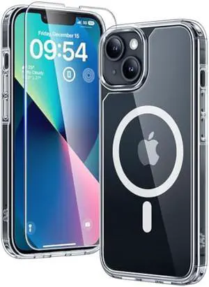 TAURI 3 in 1 Magnetic for iPhone 13 Case, [Compatible with MagSafe] [with 2X Screen Protectors] Not-Yellowing, Military-Grade Protection Slim Phone Case for 13 Cover, Clear, 6.1