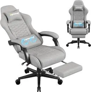 Gaming Chair, Computer Chairs for Adults with Lumbar Support and Massager, Comfortable Gamer Chair with Footrest & Pocket Spring Cushion, Ergonomic Home Office Chair, Grey, Fabric