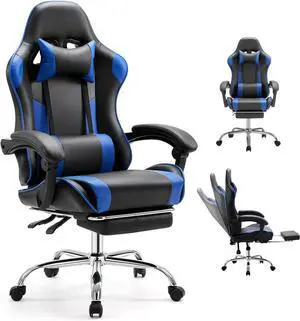 DUMOS Ergonomic Gaming Office Desk Chair with Linkage Armrests for Adults, Height Adjustable Computer Chair with Footrest and Headrest, PU Leather 360° Swivel Recliner with Lumbar Support, Deep Blue