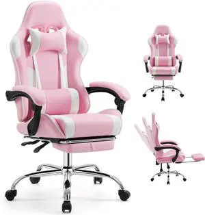 DUMOS Ergonomic Gaming Office Desk Chair with Footrest and Headrest for Adults, PU Leather Video Computer Chair with Linkage Armrests, Height Adjustable 360° Swivel Recling Chair, White Pink