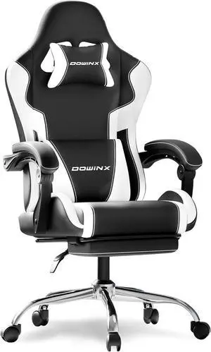 Ergonomic Gaming Chair with Footrest, Heavy Duty 330lbs Office Chair, Massage Lumbar Support, Adjustable Height & Headrest Pillow, Comfortable for Back Pain Relief, Streaming, Long Gaming, White