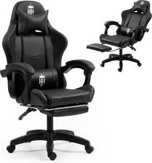 Gaming Chair with Footrest Ergonomic Computer Chair for Adult, Adjustable Headrest, Lumbar Pillow, Large Size Reclining Gaming Chair Big and Tall with Linkage Armrest for Home, Office, Gaming