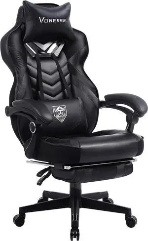 Vonesse Gaming Chair for Adults,Computer Chair with High Back,Big and Tall Gaming Chairs with Footrest and Massage,Reclining Gamer Ergonomic Office Desk Chair(Black)